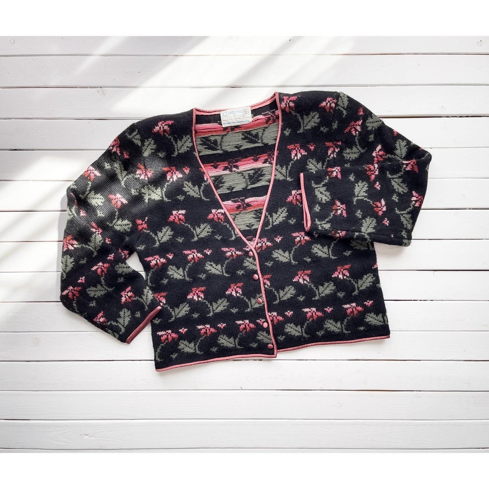 vtg Susan Bristol black pink floral wool cardigan sweater
